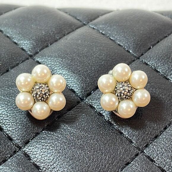 Antique sterling silver Pearl marcasite clip earrings in beautiful condition - Picture 2 of 6